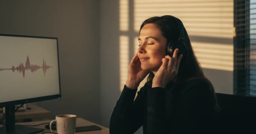 A customer support supervisor sits at a cluttered desk wearing headphones, eyes closed, a faint relaxed smile, listening intently to a call in a softly lit