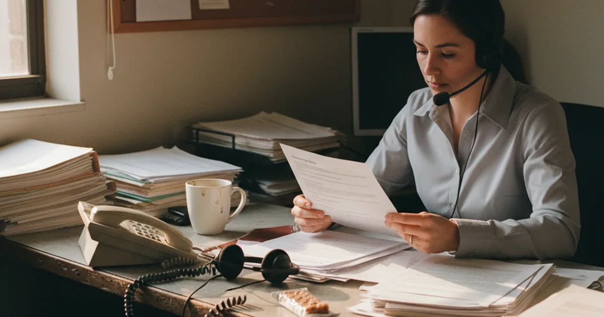 A compliance officer sits at a cluttered desk in a small call center, reviewing a printed consent form beside a headset and a landline phone, late-afternoon