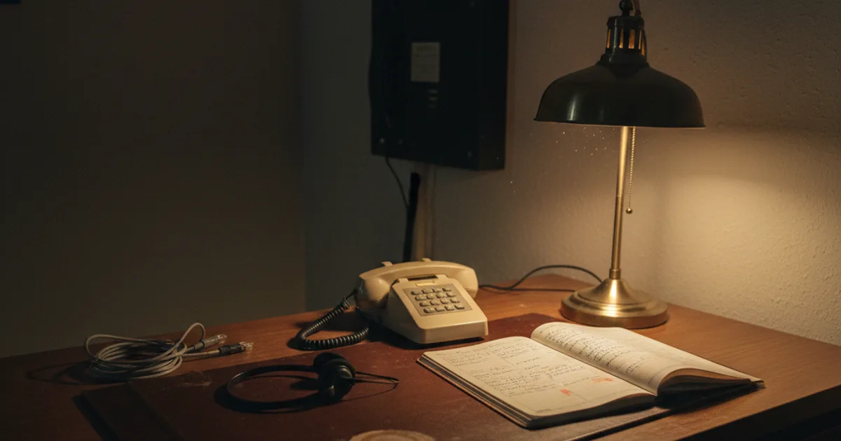 A dim European office reception at dusk: an unattended desk phone and a corded headset rest beside an open logbook filled with handwritten call notes