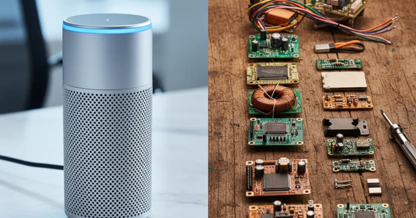 An editorial split-screen photograph contrasts two approaches to voice technology: on the left, a sleek, fully-assembled smart speaker sits on a pristine