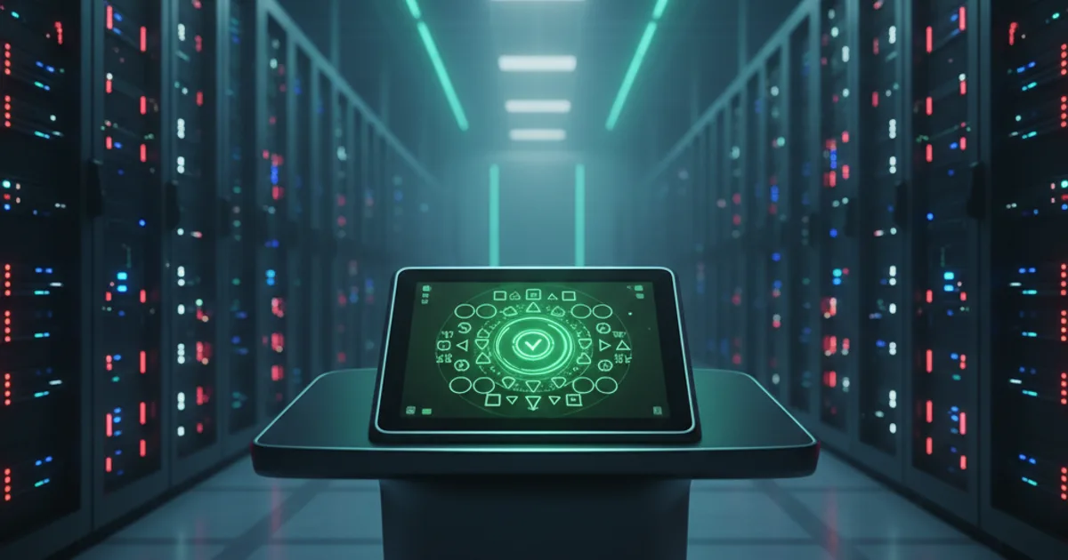 A clean, modern server room with a single illuminated call routing console in the foreground, displaying a glowing green validation indicator on its screen