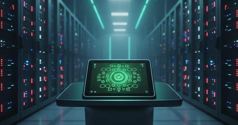 A clean, modern server room with a single illuminated call routing console in the foreground, displaying a glowing green validation indicator on its screen