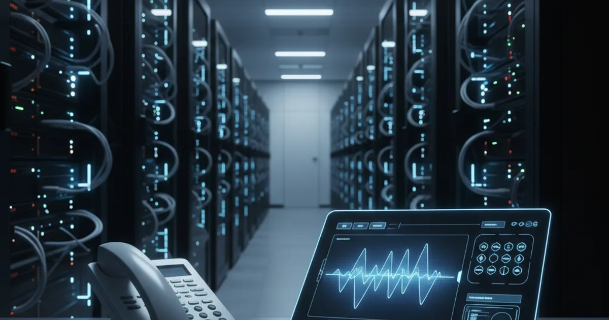 A clean server room in a modern data center with rows of illuminated rack servers visible in the background