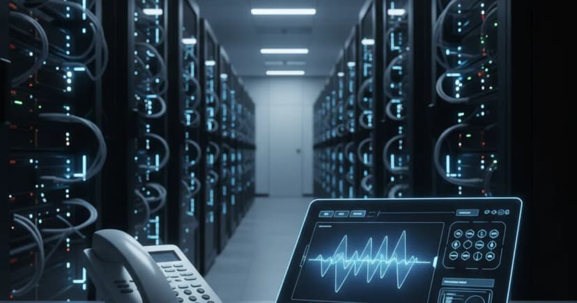 A clean server room in a modern data center with rows of illuminated rack servers visible in the background