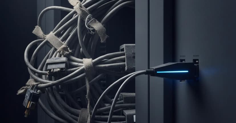 An editorial studio photograph of a sleek, dark enterprise server rack showing two contrasting connection methods side-by-side. On the left, a heavy, chaotic