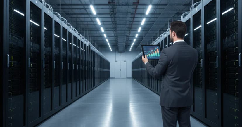 A large, clean enterprise data center floor photographed from a low angle, rows of high-density GPU server racks stretching into the distance under cool