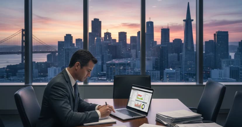 A conference room in a modern San Francisco office building at dusk, with floor-to-ceiling windows showing the city skyline