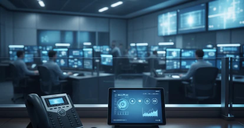 A clean, wide-angle shot of a modern enterprise operations center at night, illuminated by the cool blue glow of multiple monitoring screens