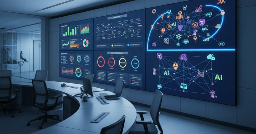 A large enterprise operations center with multiple screens displaying compliance dashboards, audit trails, and risk tier classifications