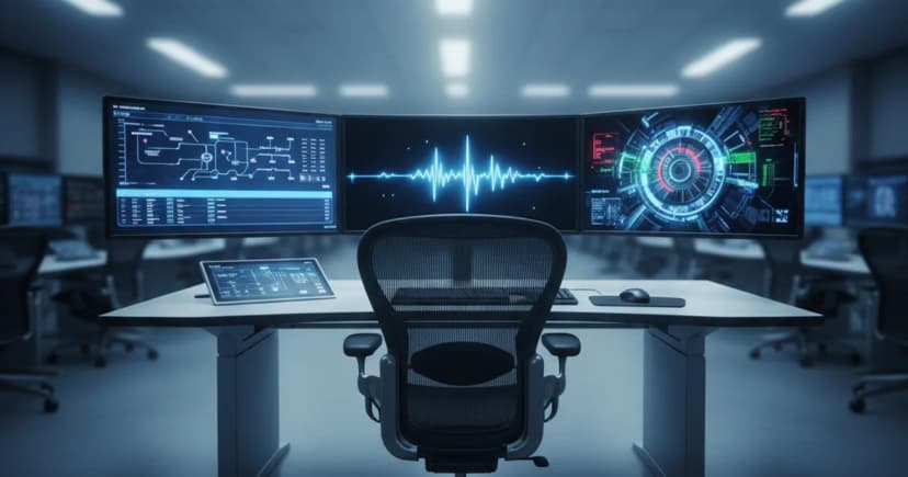 A control room workstation in a modern enterprise contact center, lit by cool blue overhead lighting and the glow of three monitors arranged in an arc