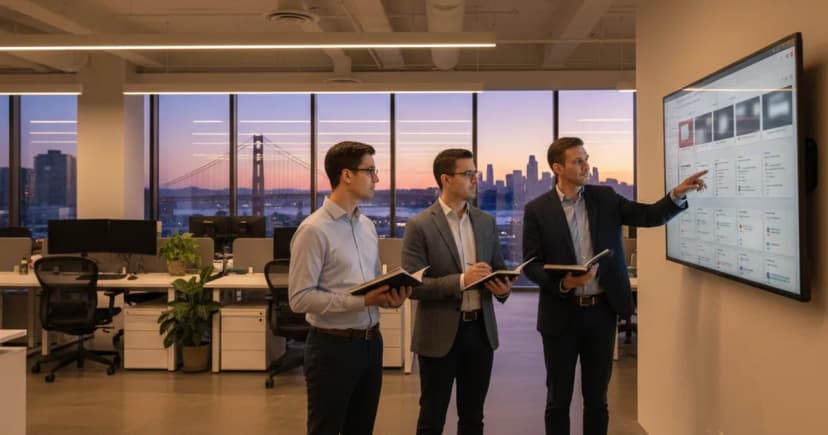 A wide-angle shot of a modern enterprise open-plan office in San Francisco at dusk, warm overhead lighting