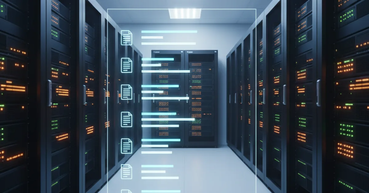 A server rack room with clean overhead lighting, showing a close-up of stacked database servers with small amber and green indicator lights