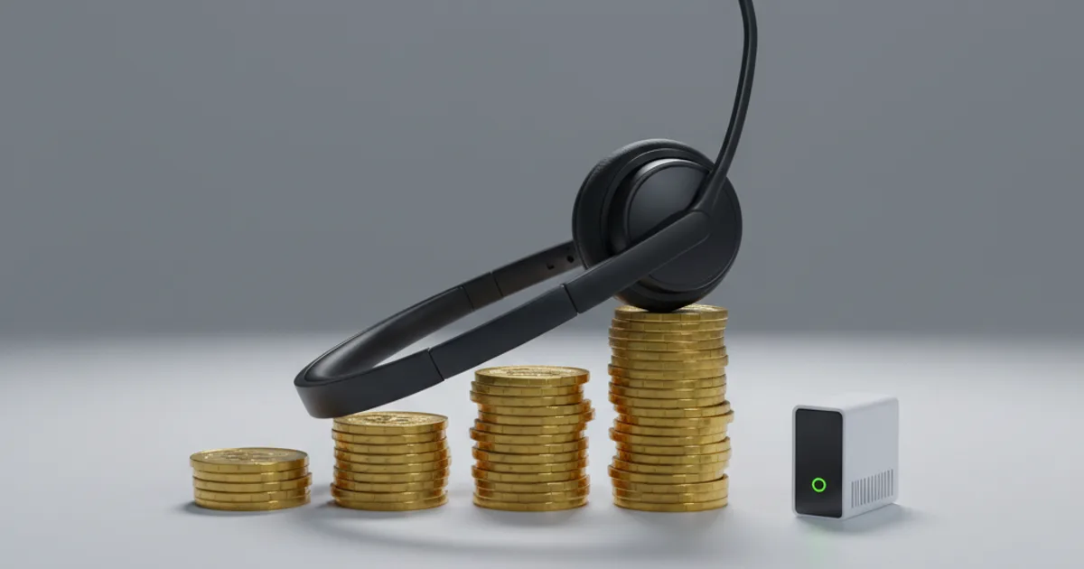 A clean studio photograph of a modern, matte-black office headset resting atop a rising bar graph made of neat stacks of gold coins on a minimalist grey