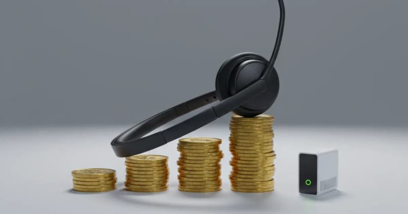 A clean studio photograph of a modern, matte-black office headset resting atop a rising bar graph made of neat stacks of gold coins on a minimalist grey