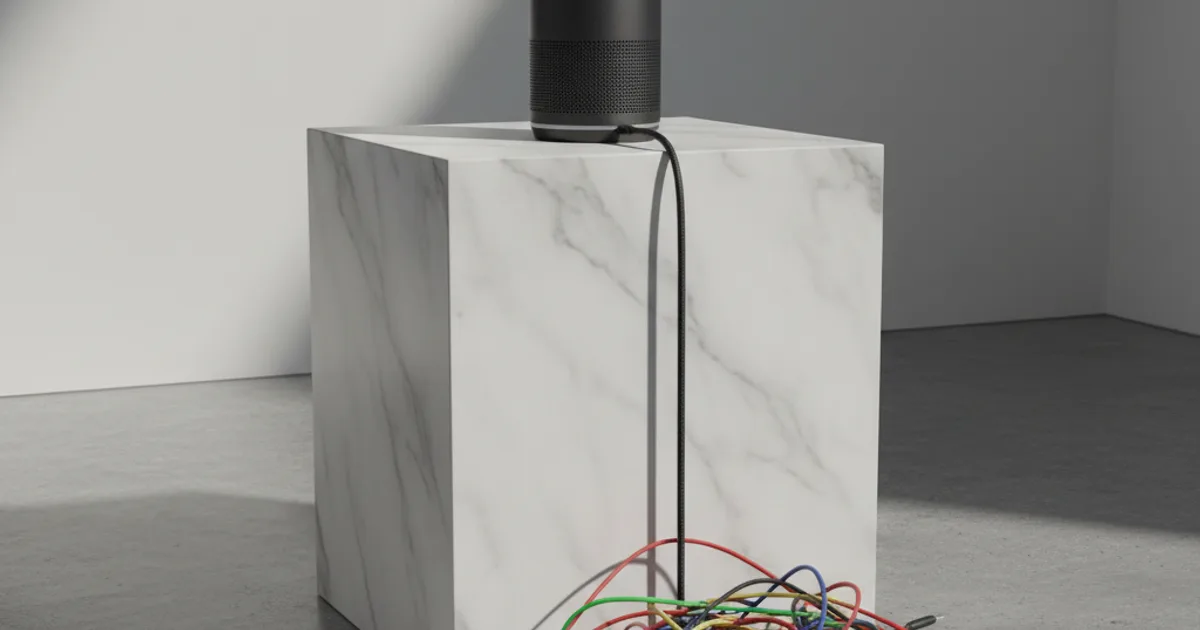 A clean 3D render of a sleek, dark smart speaker resting atop a massive, monolithic pedestal of polished white marble. A single, thick black cable plugs