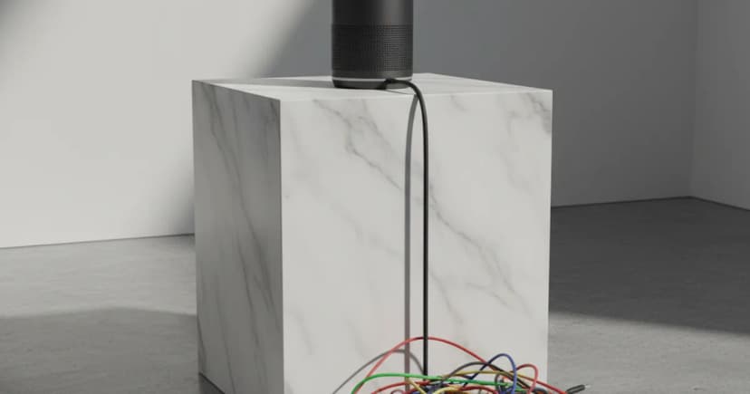 A clean 3D render of a sleek, dark smart speaker resting atop a massive, monolithic pedestal of polished white marble. A single, thick black cable plugs