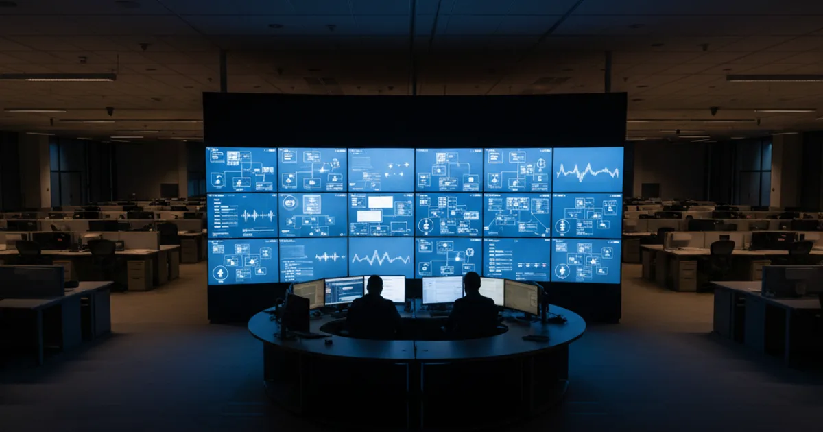 A wide-angle editorial photograph of a large enterprise contact center operations floor at night, mostly empty except for two operators at a monitoring