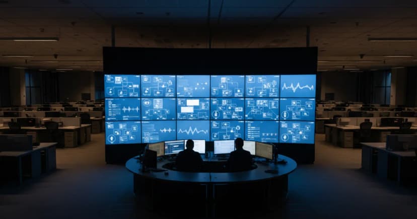 A wide-angle editorial photograph of a large enterprise contact center operations floor at night, mostly empty except for two operators at a monitoring