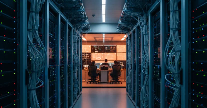 A clean editorial photograph of a server room corridor at a large enterprise facility, shot from a low angle looking toward a bright operations control room