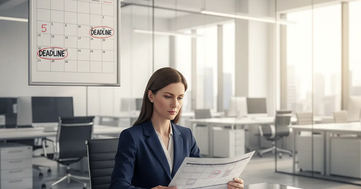 A clean editorial photograph of a corporate compliance officer sitting at a large glass desk in a modern open-plan office, reviewing a printed multi-page