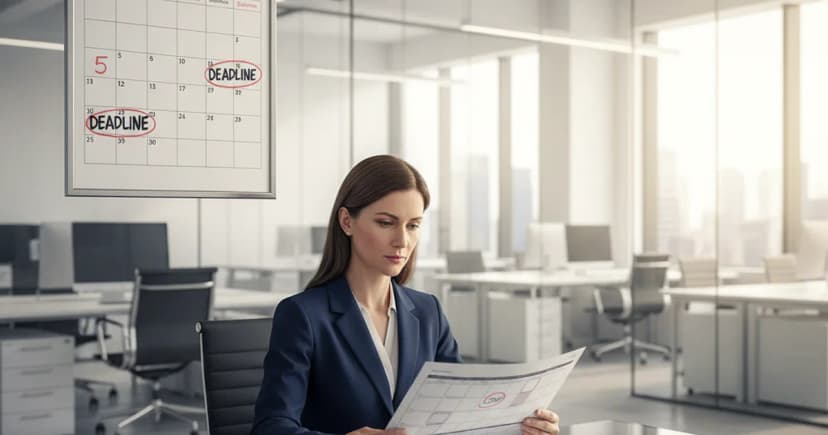 A clean editorial photograph of a corporate compliance officer sitting at a large glass desk in a modern open-plan office, reviewing a printed multi-page