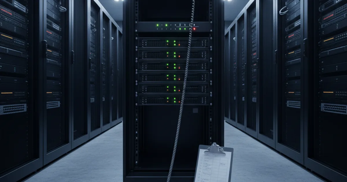 A server rack room with a single telephone handset lying on a cold concrete floor, its cord connected to a blinking patch panel on the rack
