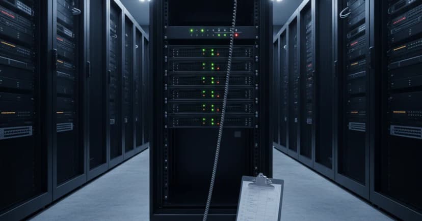 A server rack room with a single telephone handset lying on a cold concrete floor, its cord connected to a blinking patch panel on the rack