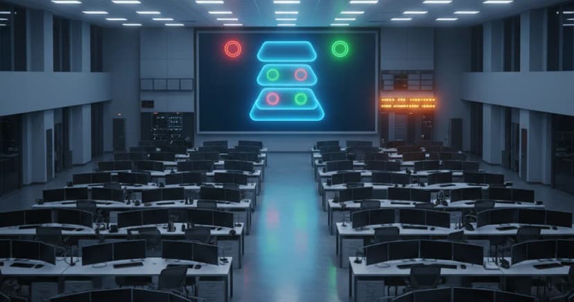A large enterprise operations center with rows of workstations, viewed from a slightly elevated angle