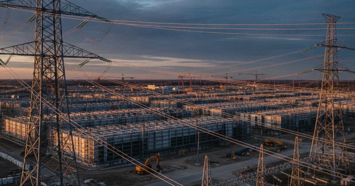 A wide-angle editorial photograph of a large federal government research facility at dusk, with industrial power transmission towers and high-voltage lines in