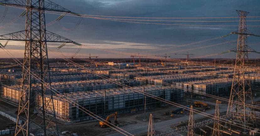 A wide-angle editorial photograph of a large federal government research facility at dusk, with industrial power transmission towers and high-voltage lines in