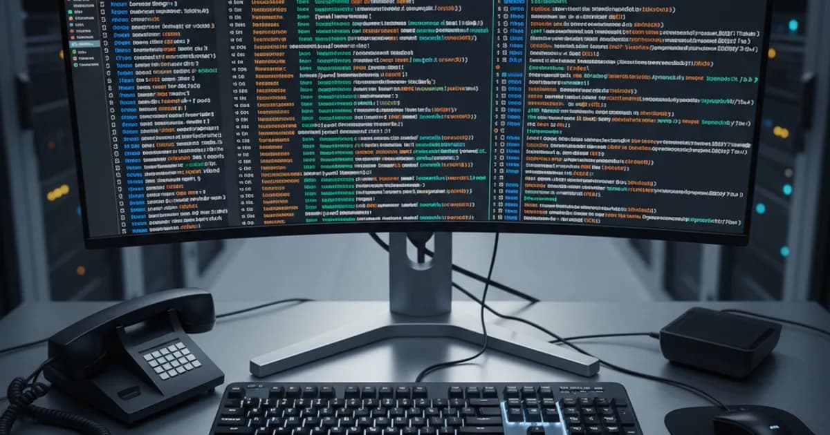A server room workstation in clean industrial lighting, showing a large monitor displaying structured JSON code with color-coded fields labeled 'speaker'