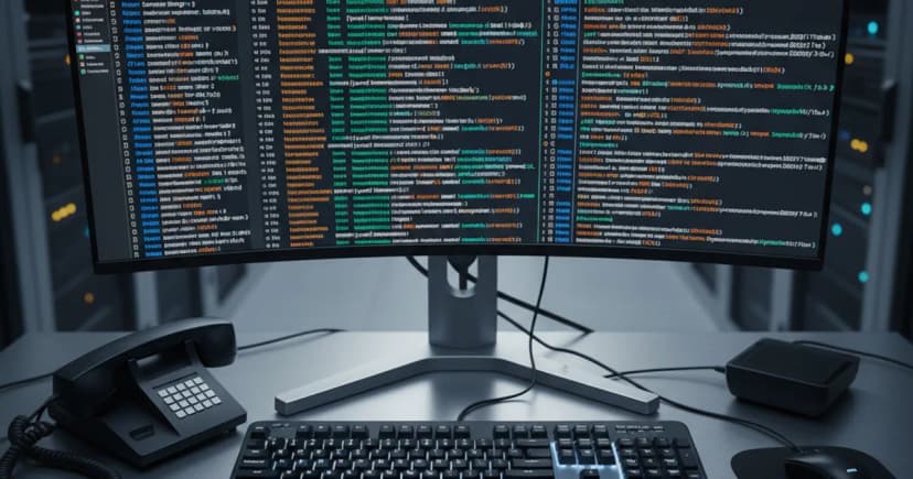 A server room workstation in clean industrial lighting, showing a large monitor displaying structured JSON code with color-coded fields labeled 'speaker'
