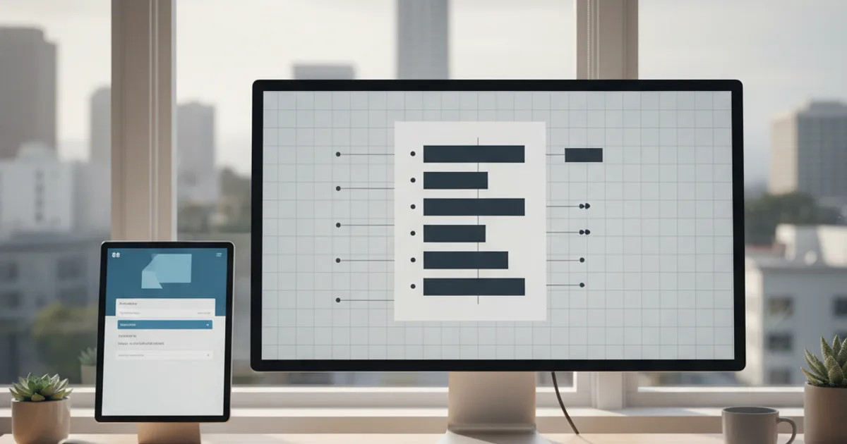 A clean editorial photograph of a modern open-plan office desk with a large monitor displaying a structured document outline with clearly labeled sections and