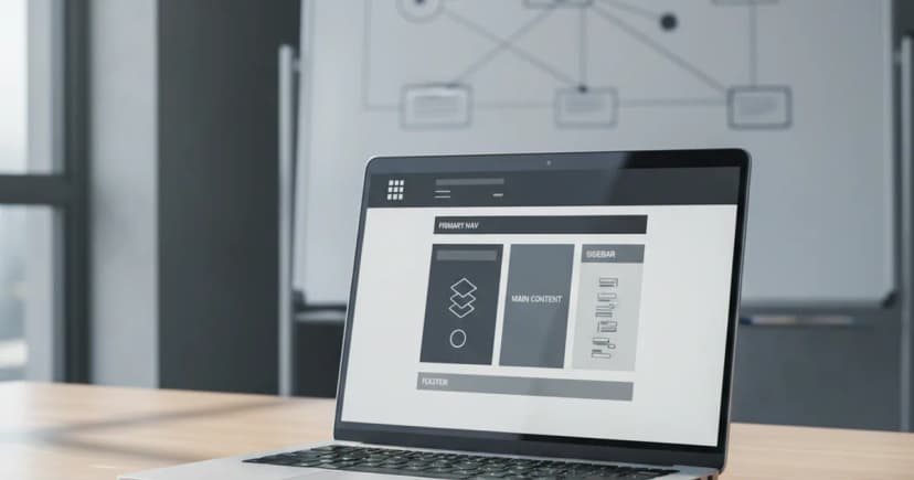 A clean editorial photograph of an open laptop on a minimalist office desk showing a structured webpage layout with clearly visible heading blocks and labeled