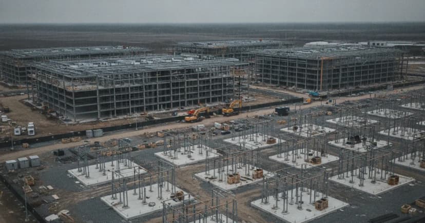 An aerial editorial photograph of a large, partially constructed data center facility surrounded by unfinished electrical substation infrastructure: concrete