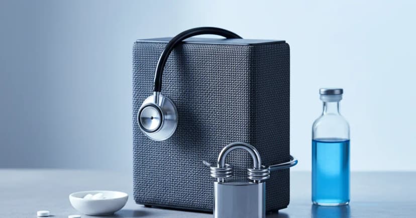 A clean, editorial photograph of a minimalist medical desk where a modern, charcoal-colored smart speaker is the central focus. A silver clinical stethoscope