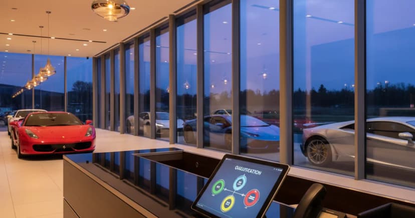 A sleek, high-end concierge desk in a modern luxury showroom at dusk, with a row of exotic supercars visible through floor-to-ceiling glass behind it