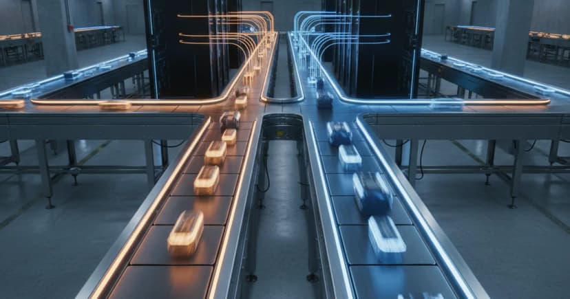 A tight overhead shot of a physical sorting conveyor belt inside a modern warehouse, lit by cool industrial overhead lighting