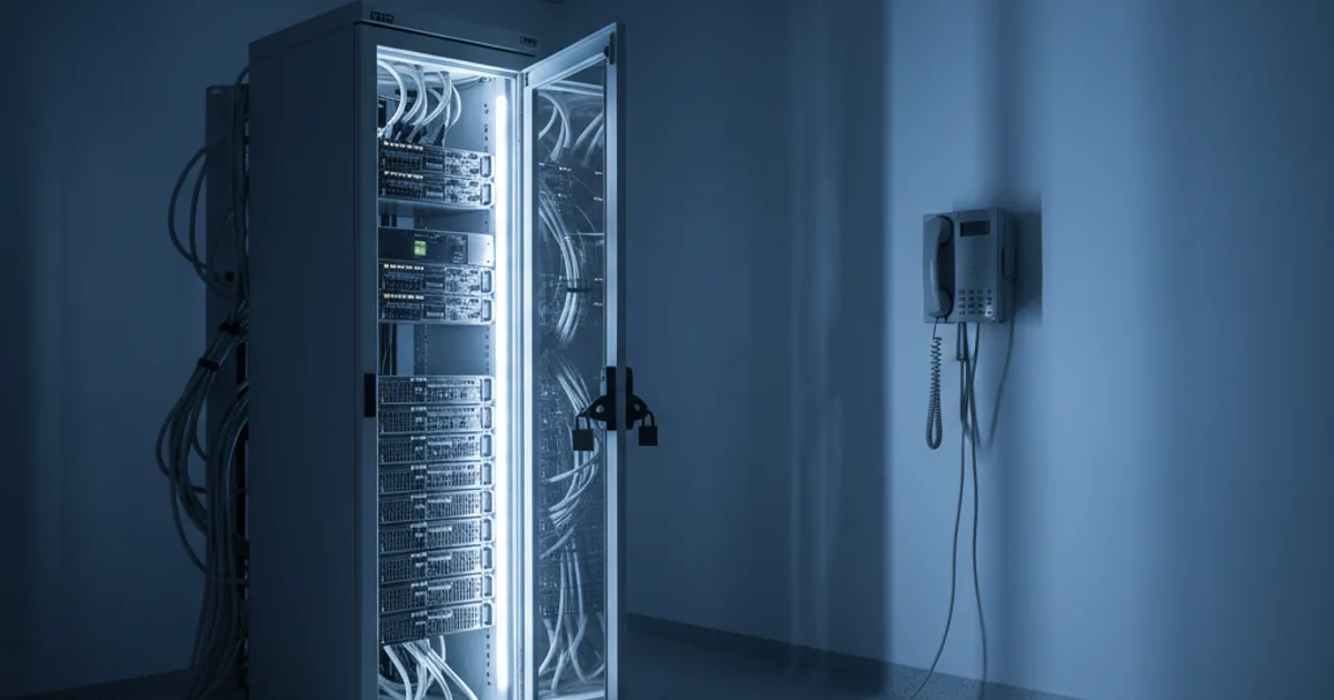 A sterile hospital server room at night, with a single rack of illuminated servers in the foreground and a wall-mounted secure phone handset in the background