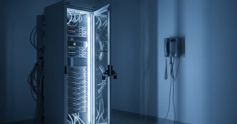 A sterile hospital server room at night, with a single rack of illuminated servers in the foreground and a wall-mounted secure phone handset in the background