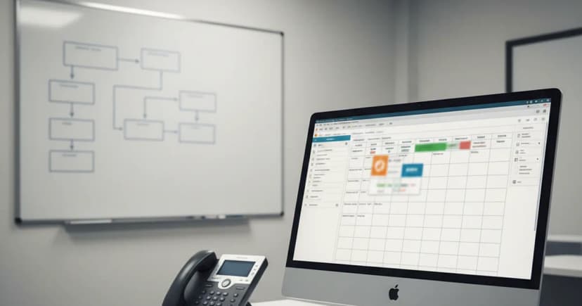 A clean, well-lit hospital operations room where a modern desktop workstation displays an EHR interface with patient appointment records visible as blurred