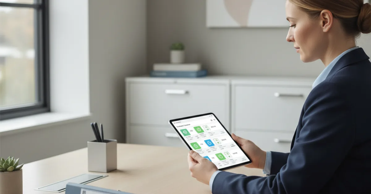 A healthcare administrator sits at a clean desk in a modern medical office, reviewing a tablet showing a structured patient consent verification screen with