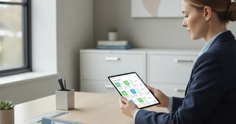 A healthcare administrator sits at a clean desk in a modern medical office, reviewing a tablet showing a structured patient consent verification screen with
