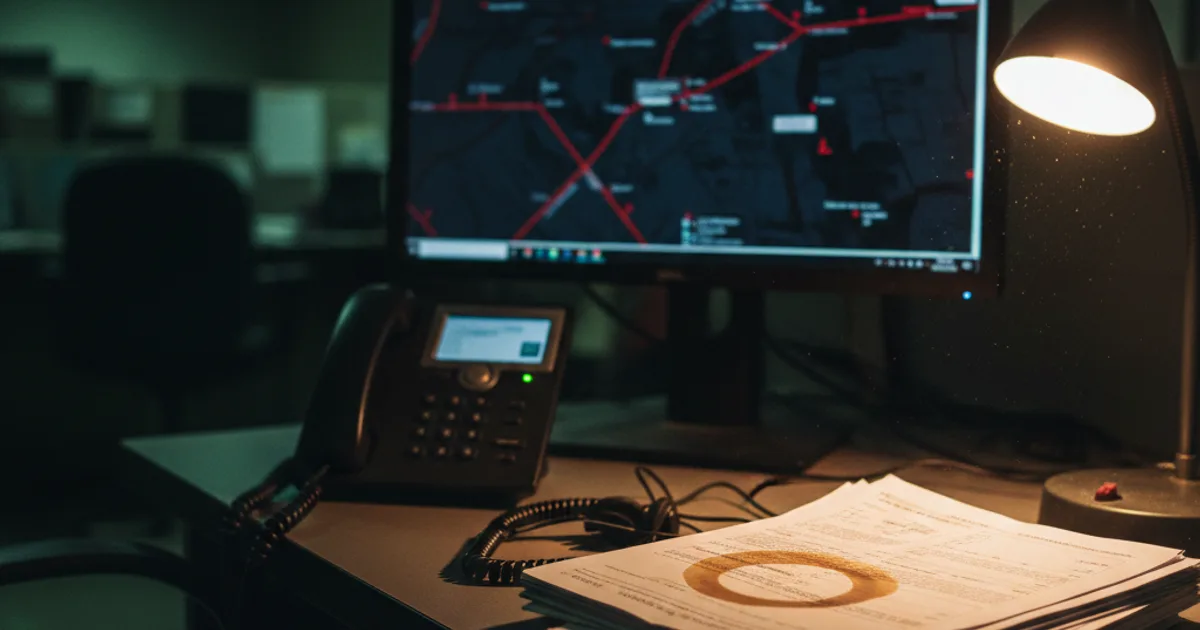 A dimly lit utility company dispatch desk at night, a single desktop phone with several lines blinking softly beside a widescreen monitor displaying a blurred