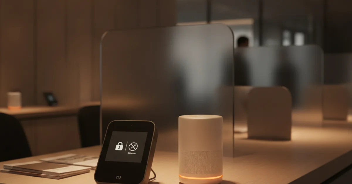 A bank service desk in a modern branch, dimly lit with warm overhead light