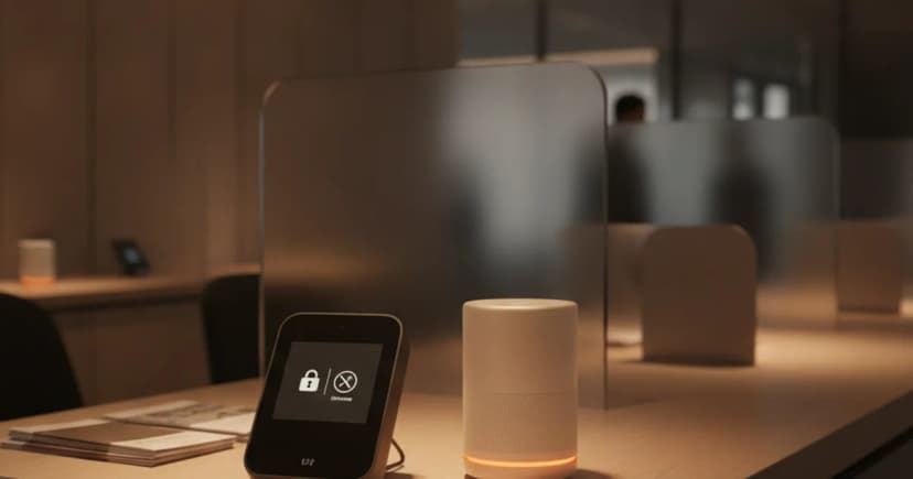 A bank service desk in a modern branch, dimly lit with warm overhead light