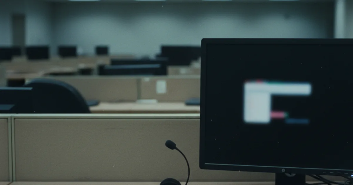 A quiet enterprise call center after hours: a single headset rests on a worn desk beside a dark monitor showing only faint blurred dashboard shapes, no