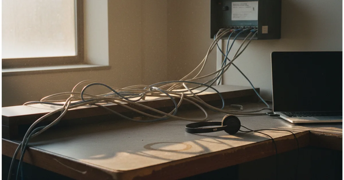 A wall-mounted PBX box with a loose tangle of SIP cables running across an empty reception desk to a laptop and a corded headset, lit by late-afternoon light