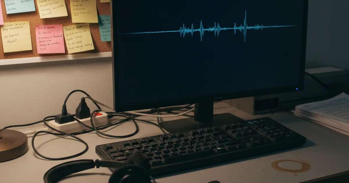 A customer support agent's desk photographed at dusk: a worn headset rests on a keyboard beside a monitor showing a blurred, dark waveform display, no readable