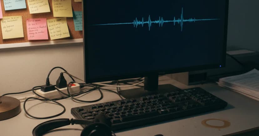 A customer support agent's desk photographed at dusk: a worn headset rests on a keyboard beside a monitor showing a blurred, dark waveform display, no readable